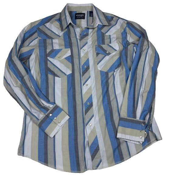 Vintage Wrangler Pearl Snap Shirt L Blue Gray Western Stripe Long Sleeve - Picture 1 of 8